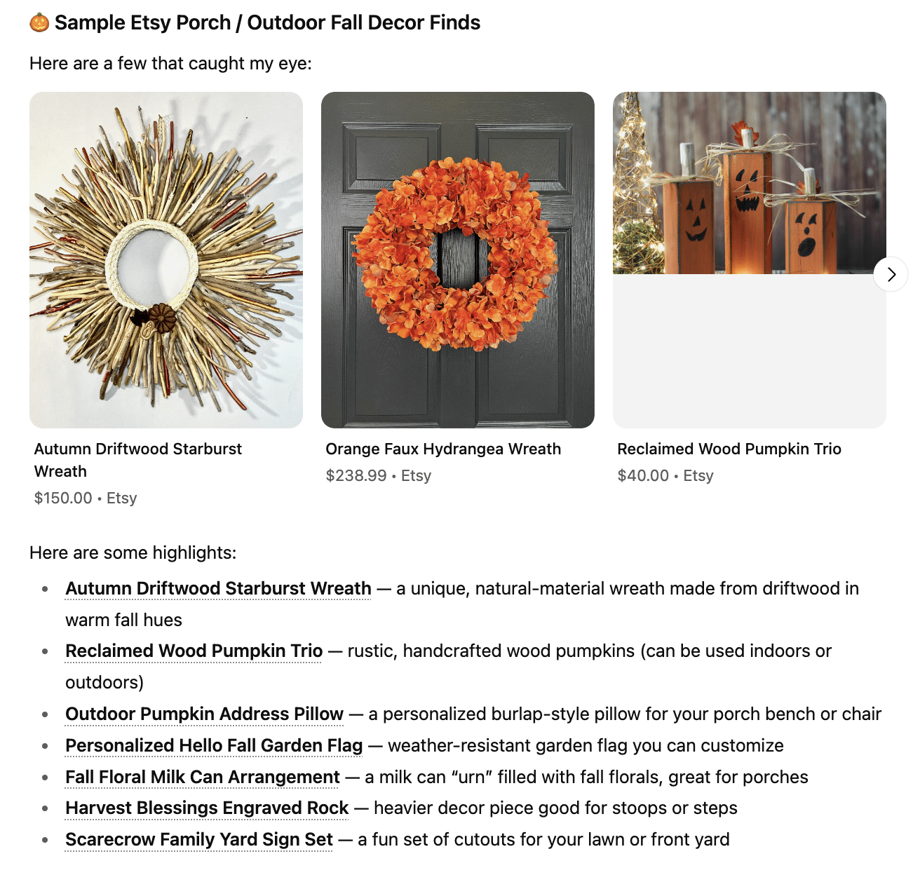 Etsy Shopping in ChatGPT examples