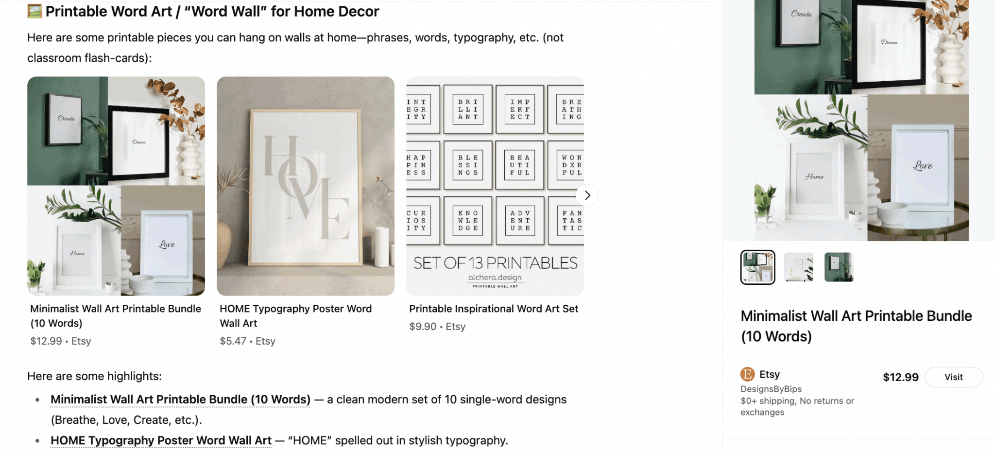 Etsy shopping in ChatGPT example